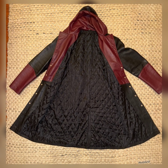 Vintage 1980’s Black & Burgundy Leather Trench Duster Men’s Coat with Hood XL - Picture 10 of 10